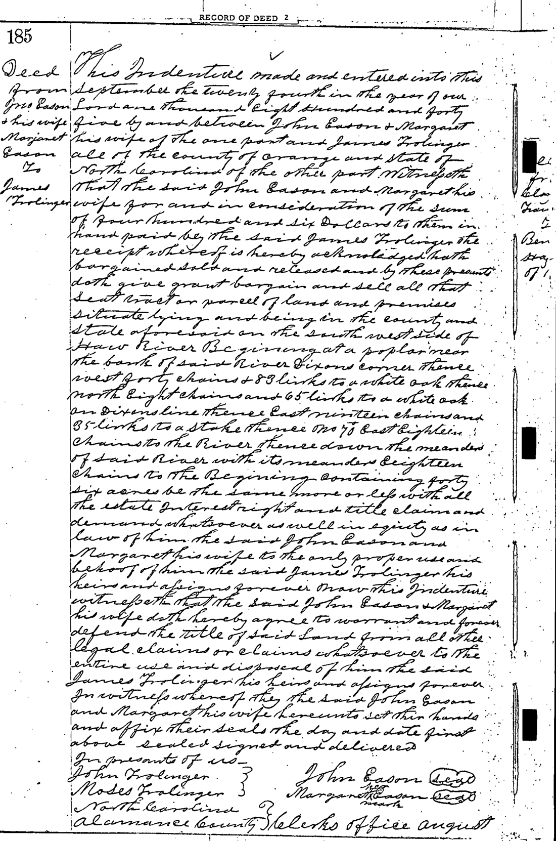 Alamance Deed Book 2 Page 185 Margaret Eason and John Eason give land to James Trolinger